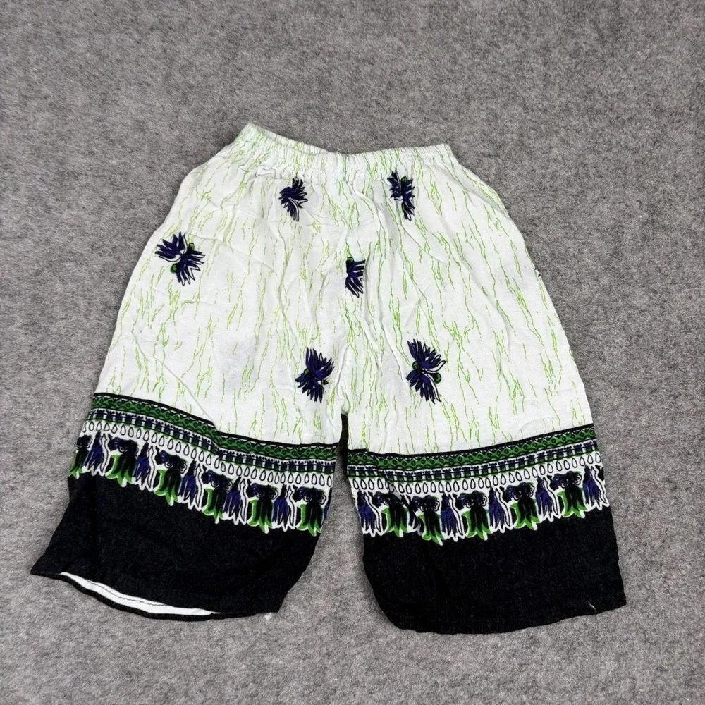 Vintage Boho Patterned Shorts Women Small‎ White Green Black Elastic Waist